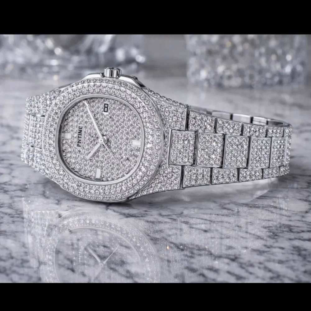 Iced Out Silver Diamond Quartz Watch Stainless Steel Bust Down Luxury Big Face